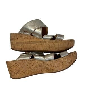 Born Sandals 10 Cork Wedge Silver Slides Leather Uppers Resort wear Vacation